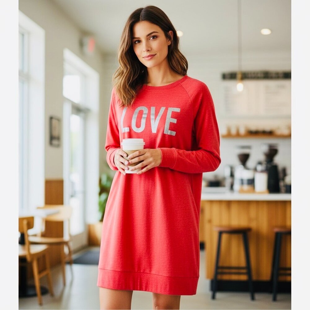 Victoria's Secret LOVE Long‎ Sleeve Sleep Tee Shirt Sz M Red #52T